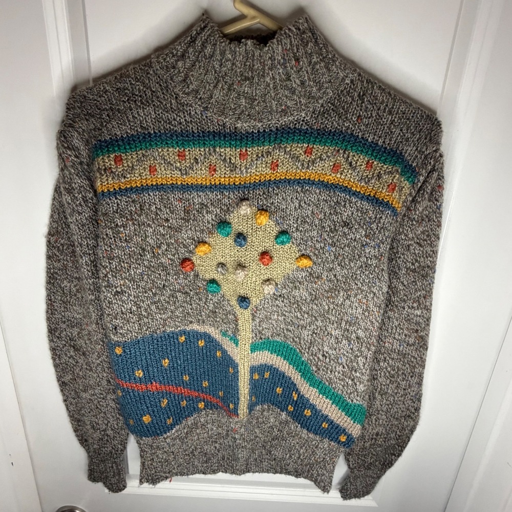 Vintage Ginenne Too Confetti Knit Sweater Tree Pom Pom Mock Neck Brown Womens M